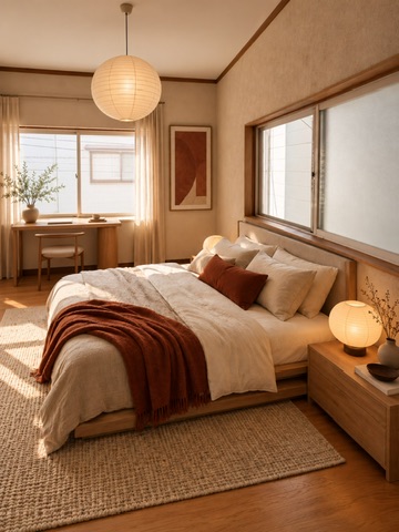 Supplied sunlit bedroom interior for Nara House
